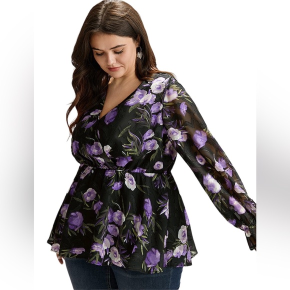 BloomChic Chiffon Floral Mesh Wrap Ruffle Hem Blouse. 18/20 NWT 2x - Picture 2 of 15